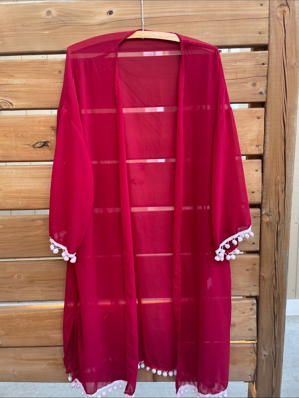 In’Voland Sheer Pom-Pom Trim Kimono Robe - red